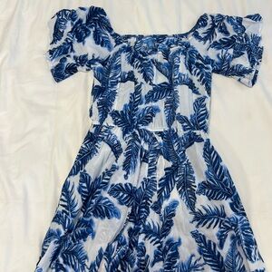 Blue Leaf Print Midi Dress